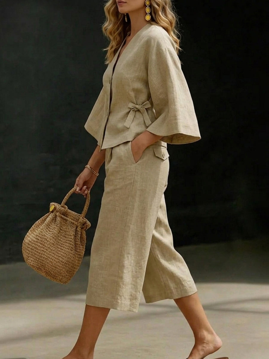Flared Sleeves Loose Buttoned Solid Color Tied V-Neck Blouses&Shirts Tops