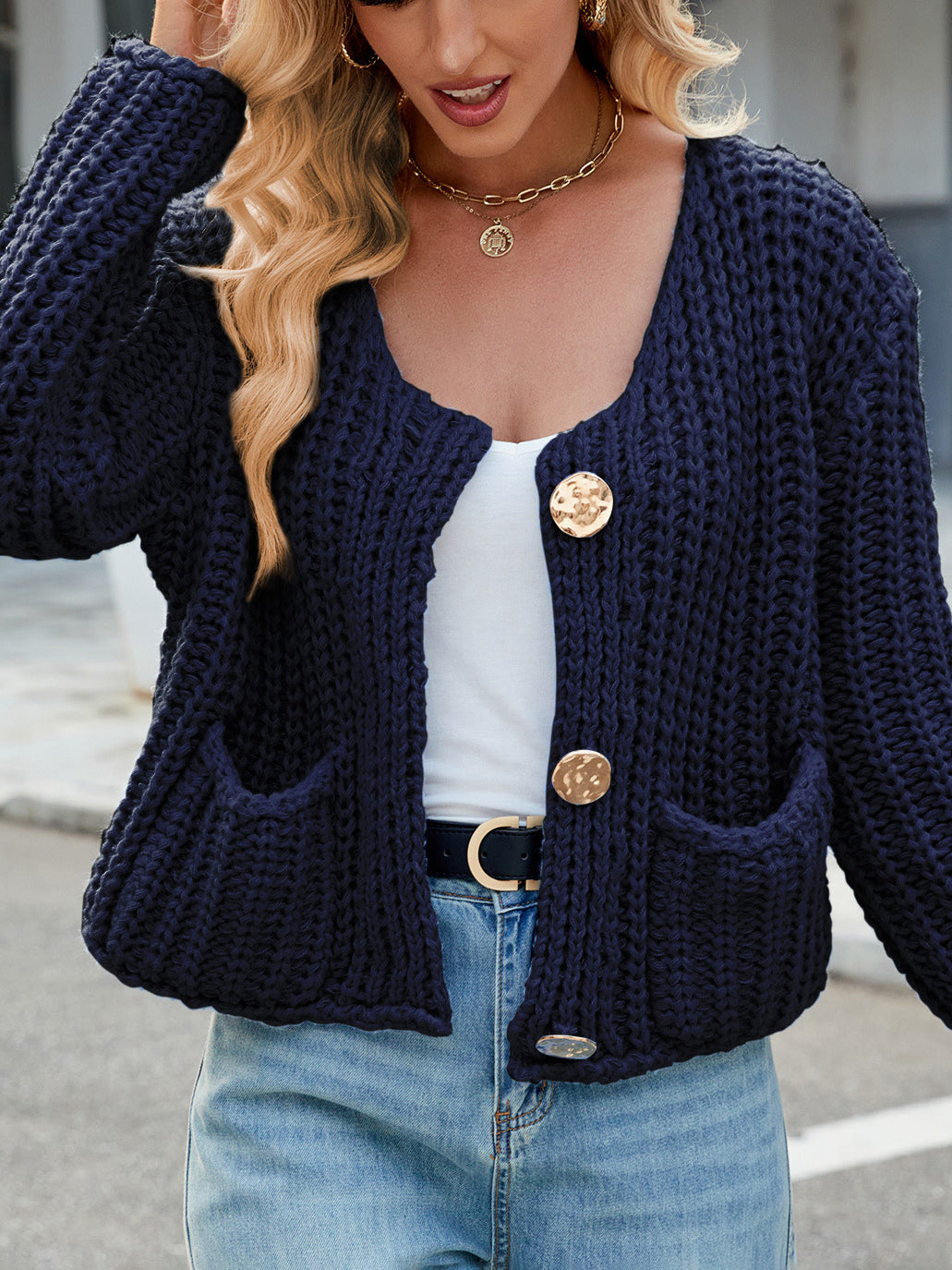 Solid Color Pockets Buttoned Sleeveless Loose V-neck Vest Outerwear