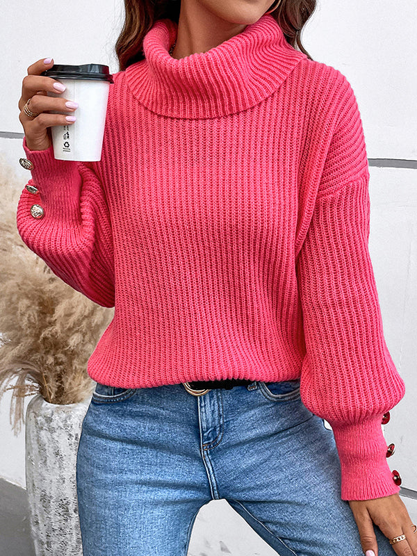 Long Sleeves Loose Buttoned Solid Color Split-Joint High Neck Pullovers Sweater Tops