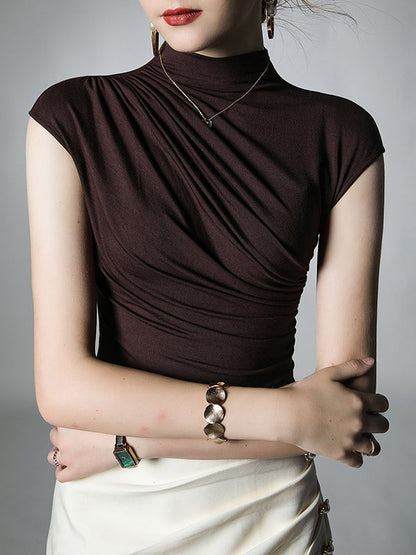 Skinny Pleated Solid Color Mock Neck T-Shirts Tops