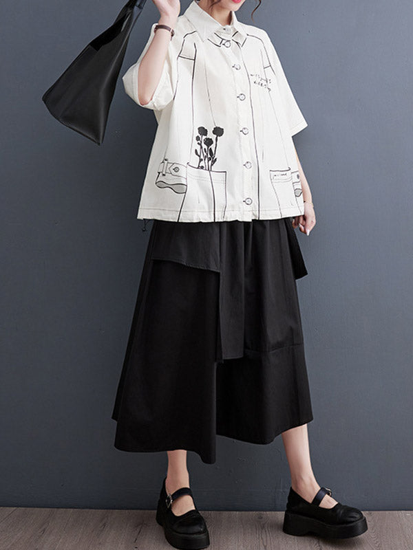 Lose Kurzarm-Blusen und -Hemden mit geknöpftem, bedrucktem Revers 