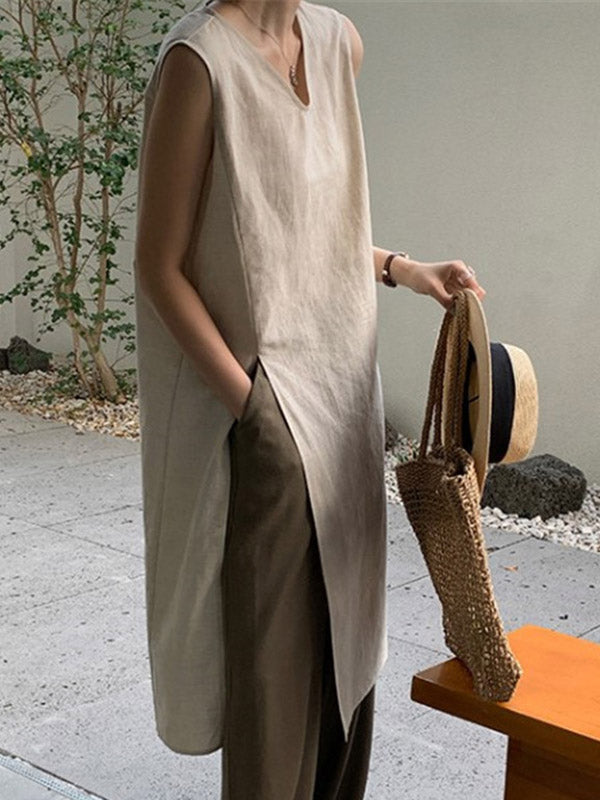 Loose Sleeveless Solid Color Split-side V-neck Vest Top APRICOT