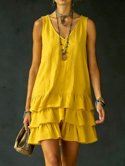 Loose Sleeveless Layered Solid Color V-Neck Mini Dresses