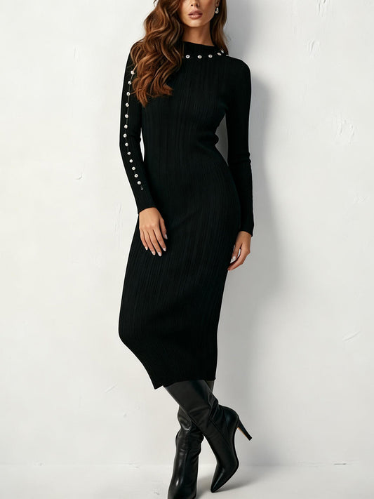 Bodycon Irregularity Beads Contrast Color Ribbed Knit Split-Joint High Neck Midi Dresses