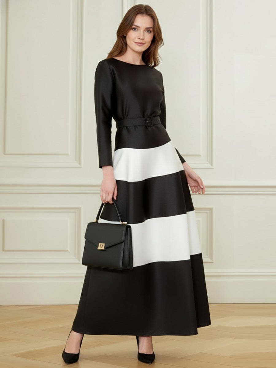 A-Line Bodycon Belted Contrast Color Split-Joint Round-Neck Maxi Dresses