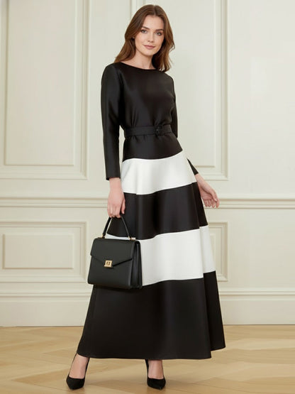 A-Line Bodycon Belted Contrast Color Split-Joint Round-Neck Maxi Dresses
