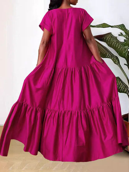 A-Line Loose Pleated Solid Color Split-Joint V-Neck Maxi Dresses