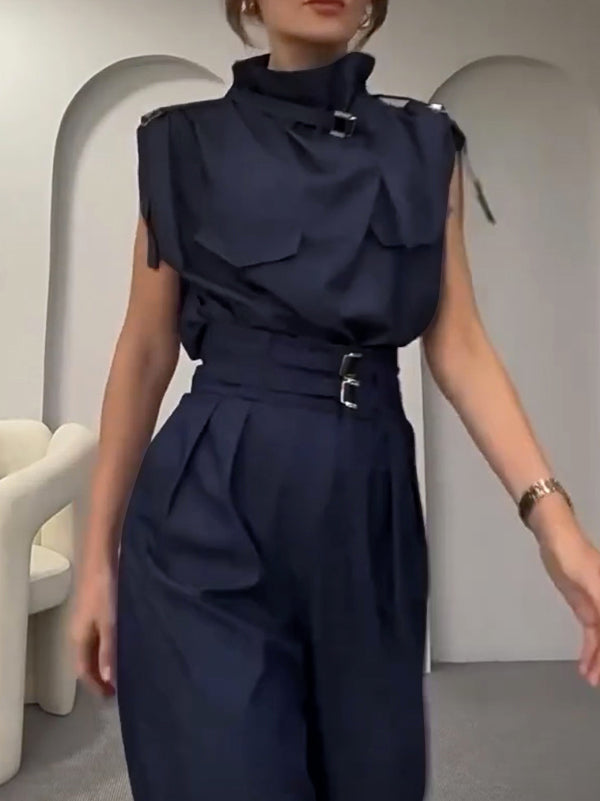 Loose Sleeveless Buckle Solid Color Stand Collar Blouses&Shirts Tops