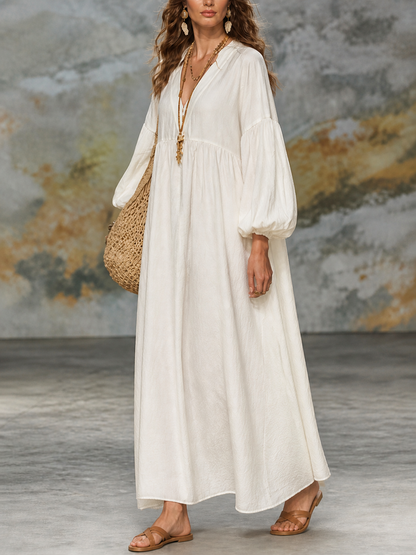 Solid Color Pleated Plus Size Loose V-neck Maxi Dresses