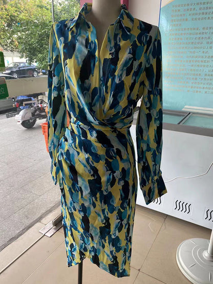 High Waisted Long Sleeves Asymmetric Pleated Printed Split-Joint Deep V-Neck Midi Dresses