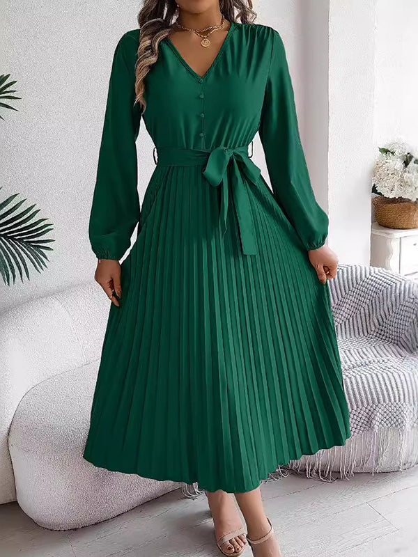 High Waisted Long Sleeves Belted Buttoned Pleated Solid Color V-Neck Maxi Dresses