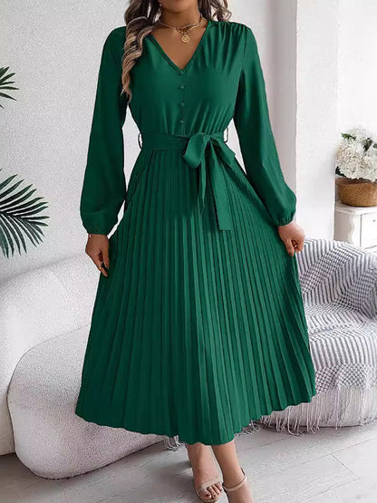 High Waisted Long Sleeves Belted Buttoned Pleated Solid Color V-Neck Maxi Dresses