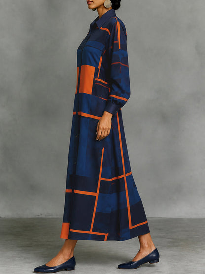 Printed Pockets Contrast Color Buttoned Loose Long Sleeves Lapel Shirt Dress Maxi Dresses
