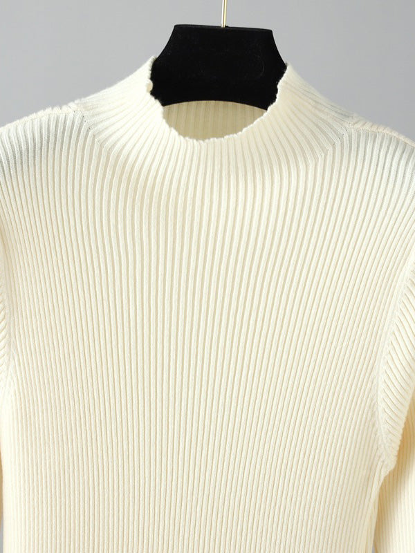 Stylish Long Sleeves High Waisted Pleated Solid Color Half Turtleneck Sweater Dresses