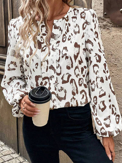 Long Sleeves Loose Contrast Color Elasticity Leopard V-Neck Blouses&Shirts Tops