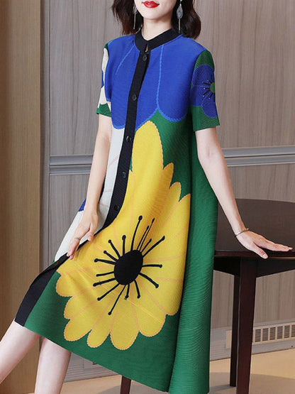 A-Linie Locker geknöpft Blumendruck Plissee Rundhals Midikleider 