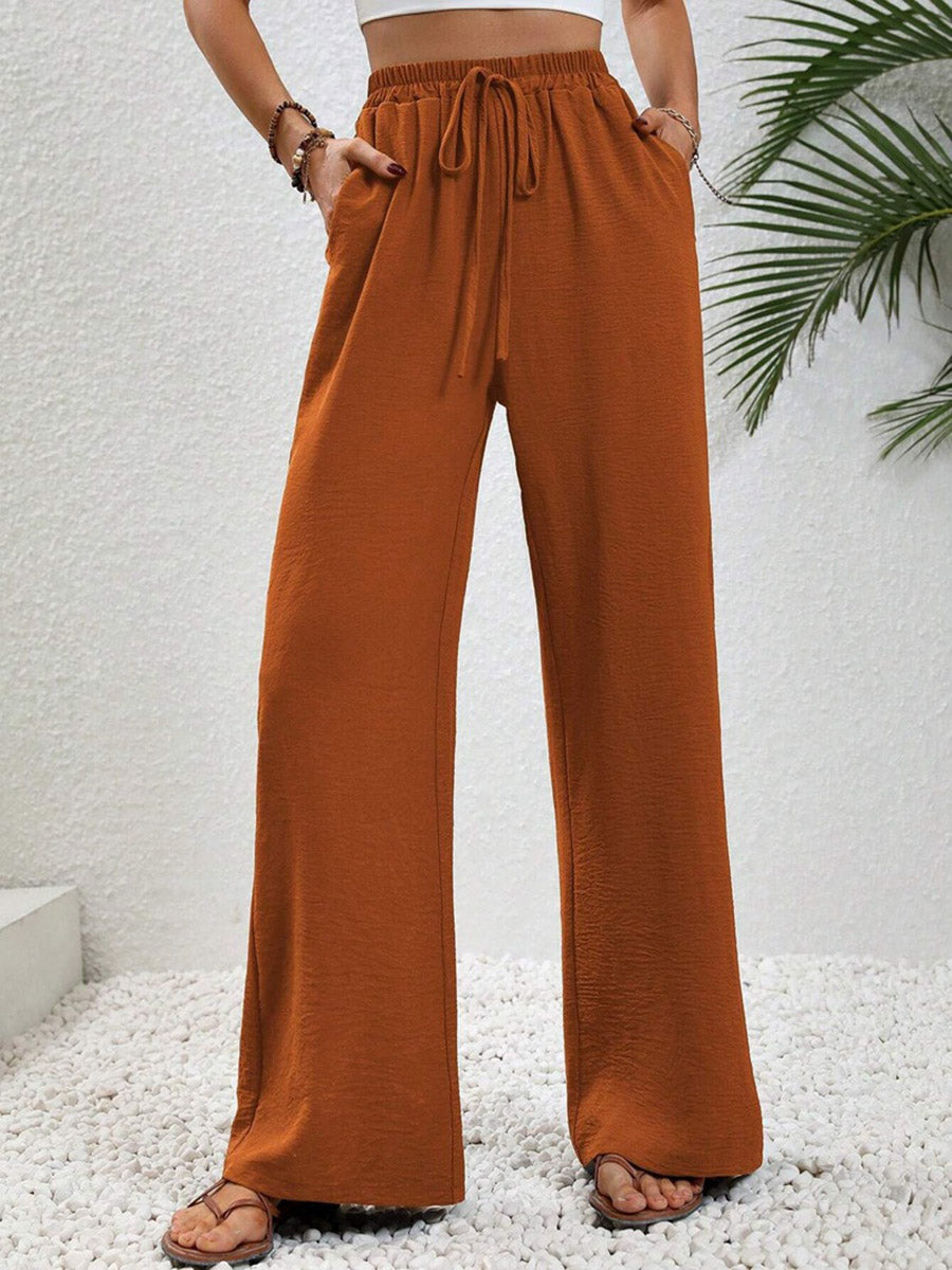 High Waisted Loose Elasticity Pleated Solid Color Tied Waist Pants Trousers