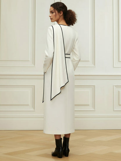 Long Sleeves Minimalist Belted Comfort Contrast Color Round-Neck Midi Dresses