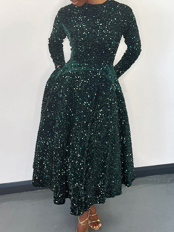 Robe longue trapèze taille haute à paillettes, fermeture éclair fendue et col rond 