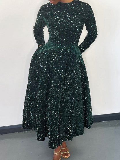 Robe longue trapèze taille haute à paillettes, fermeture éclair fendue et col rond 
