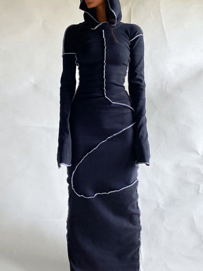 Robe longue fendue à capuche et manches longues, grande taille, couleur unie 
