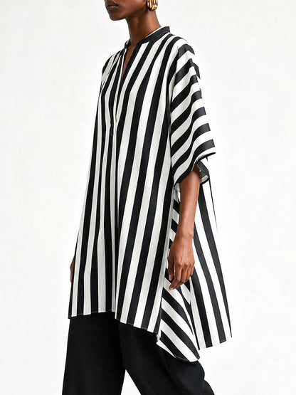 Striped Contrast Color Asymmetric Loose Half Sleeves V-neck Blouses&shirts Tops