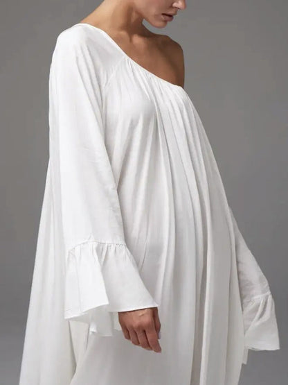 A-Line Flared Sleeves Pleated Solid Color Split-Joint Round-Neck Maxi Dresses