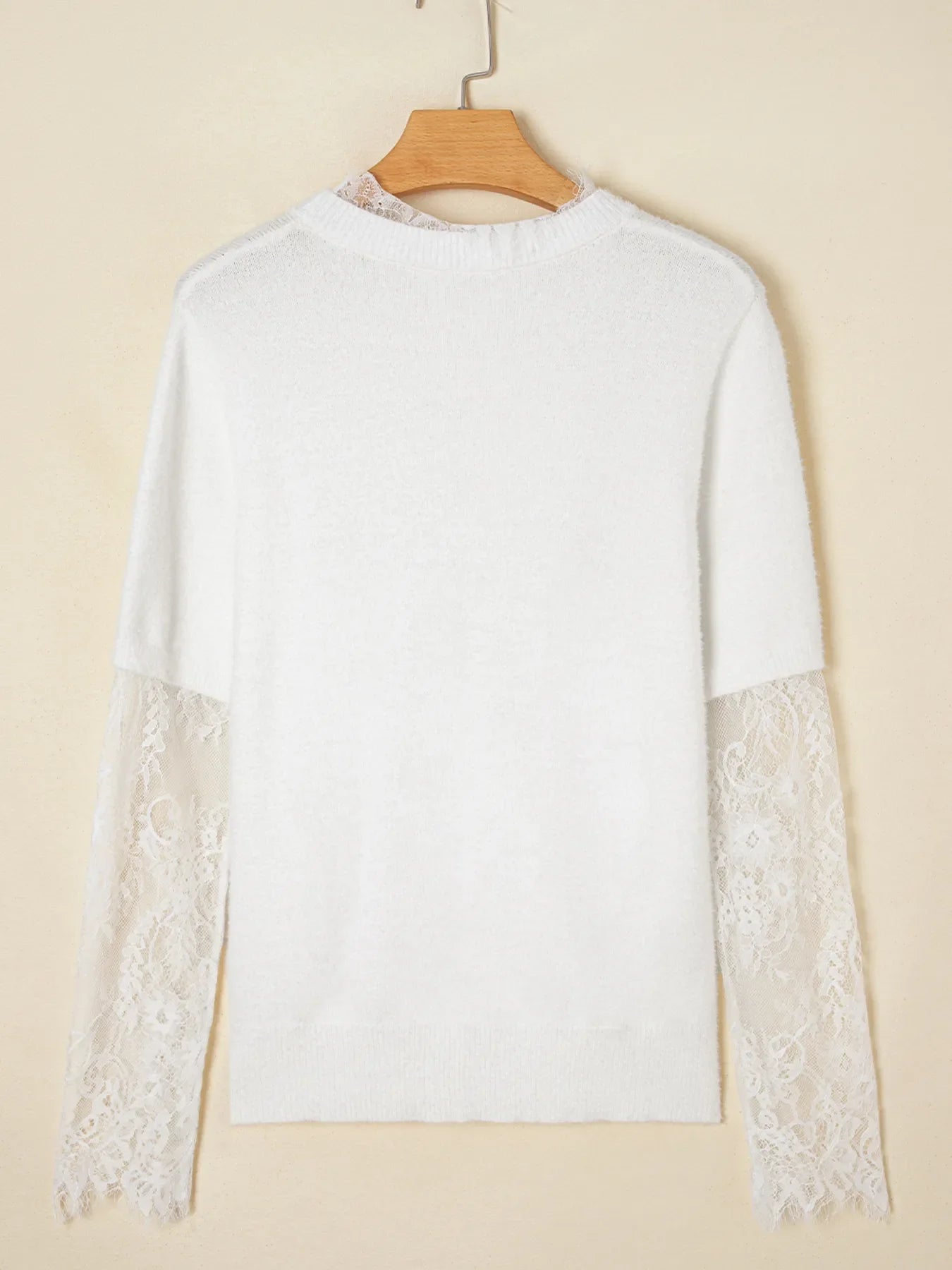 Lace Sleeve Faux Two-Piece Fuzzy Sweater