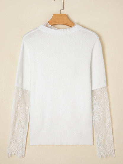 Lace Sleeve Faux Two-Piece Fuzzy Sweater
