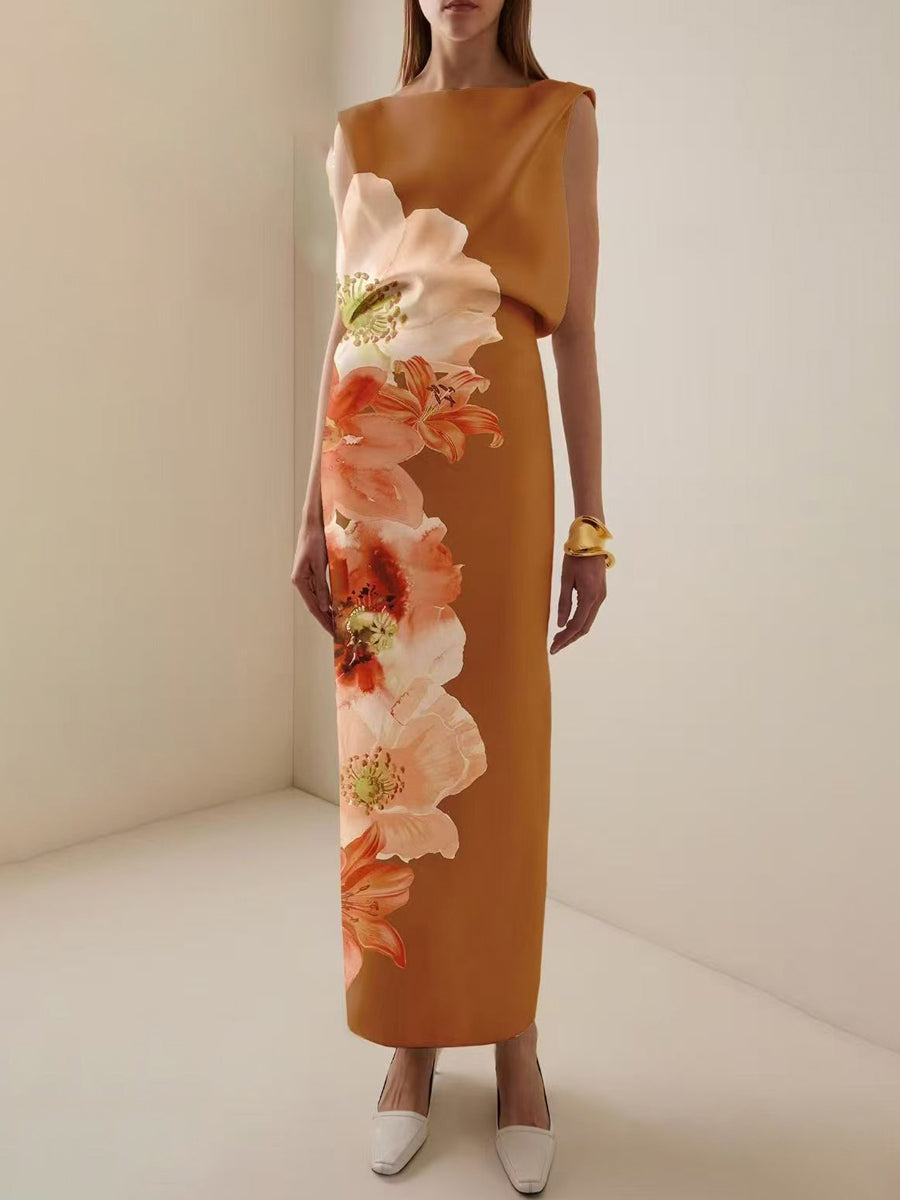 Sleeveless Flower Print Round-Neck Maxi Dresses