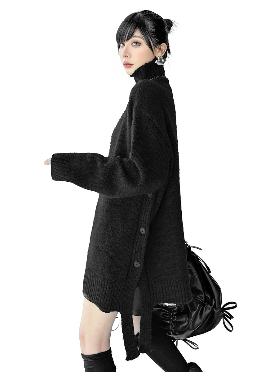 Irregularity Long Sleeves Buttoned Ribs Solid Color Split-Joint High Neck Sweater Tops