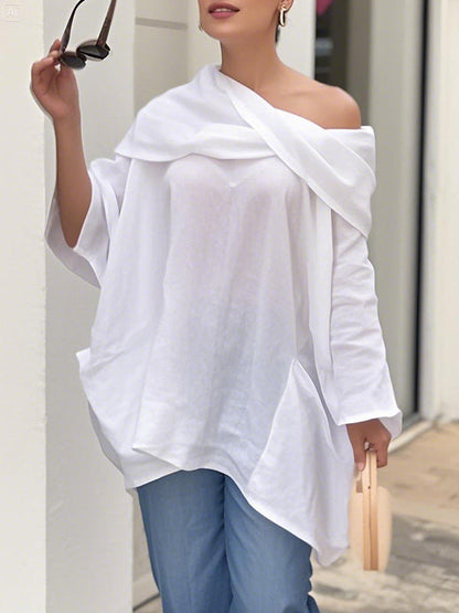 Long Sleeves Loose Asymmetric Pockets See-Through Solid Color Blouses&shirts Tops