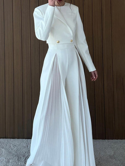 Long Sleeves Buttoned Solid Color Split-Joint Round-Neck Blazers Top + Zipper Wide Leg Mesh Pleated Pants Bottom Two Pieces Set