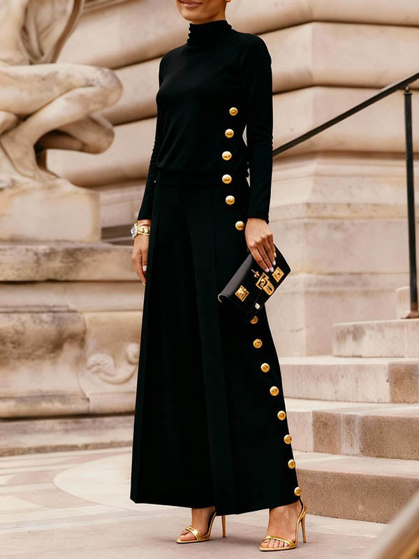 Long Sleeves Skinny Buttoned Contrast Color Ribbed Knit Split-Joint High Neck Blouses&Shirts Tops