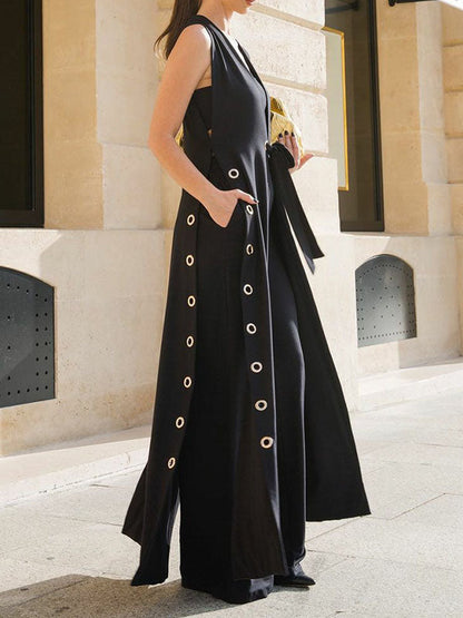 Loose Sleeveless Hollow Split-Joint Split-Side Streamer Deep V-Neck Vest Outerwear