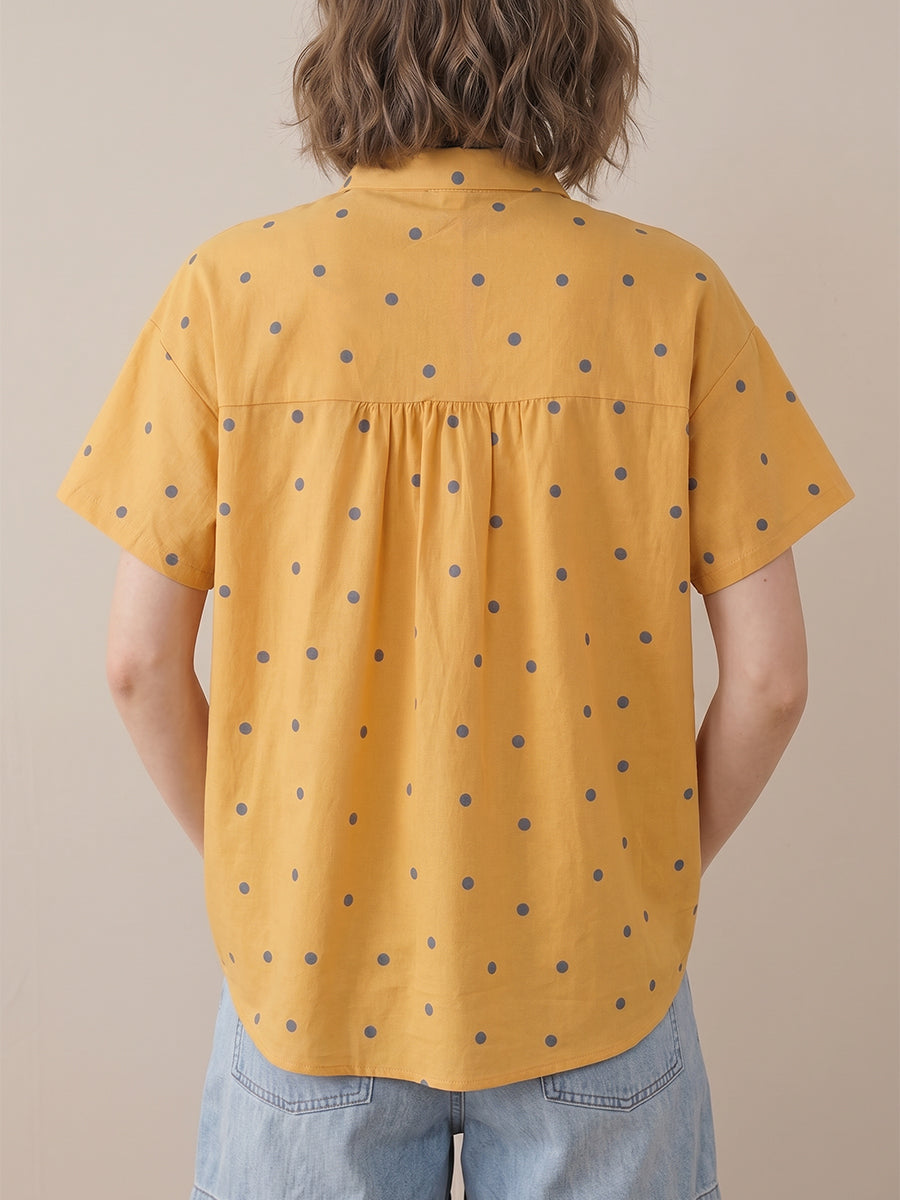 Loose Plus Size Buttoned Contrast Color Pockets Polka Dot Lapel Blouses&Shirts Tops