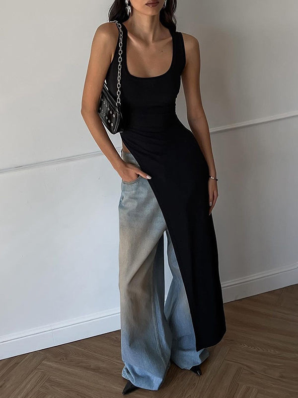 Skinny Sleeveless Asymmetric Solid Color Split-Side Square-Neck Tank Top