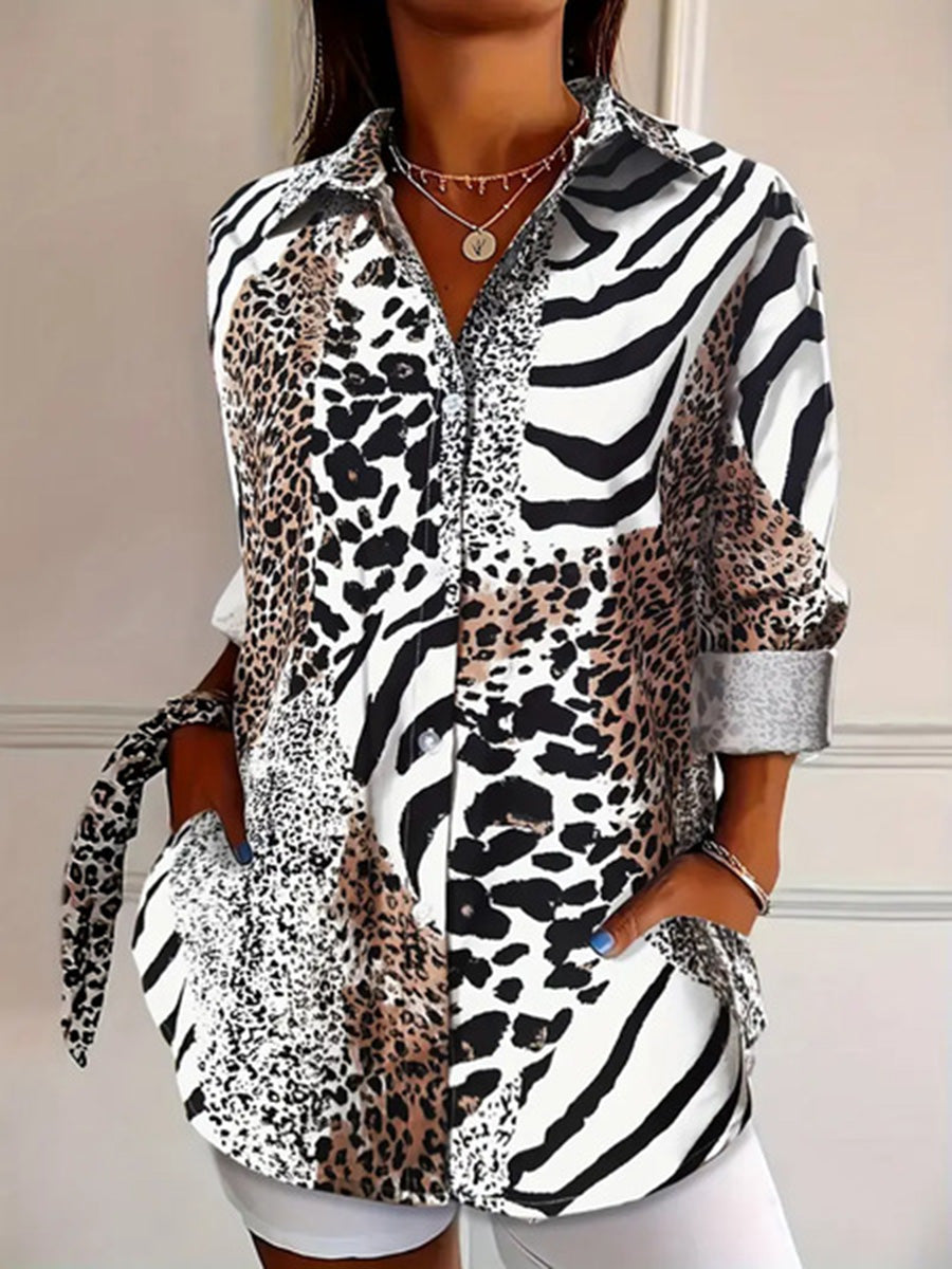 Leopard Contrast Color Buttoned Animal Printed Plus Size Loose Lapel Blouses&shirts Tops