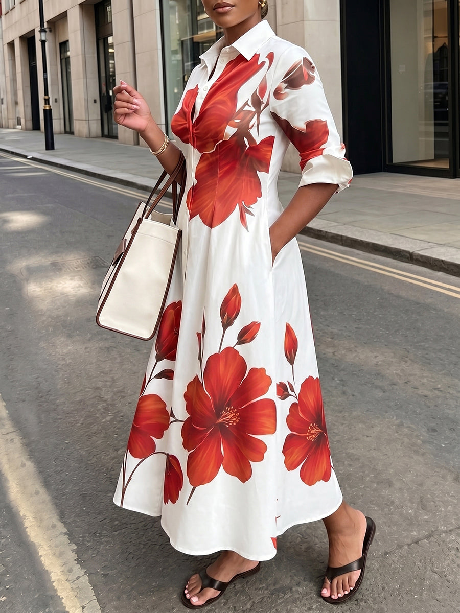 A-Line High Waisted Buttoned Flower Print Pockets Lapel Maxi Dresses