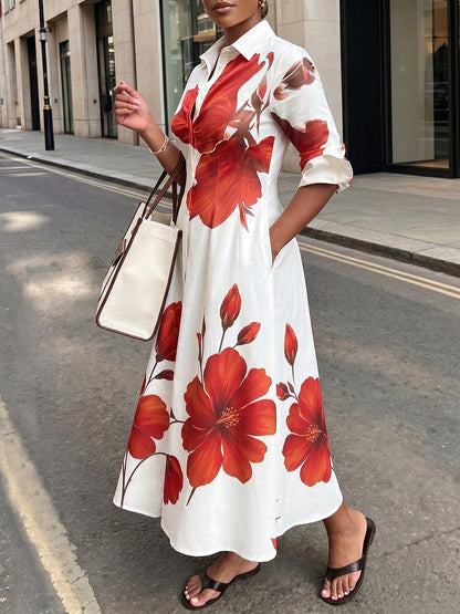 A-Line High Waisted Buttoned Flower Print Pockets Lapel Maxi Dresses