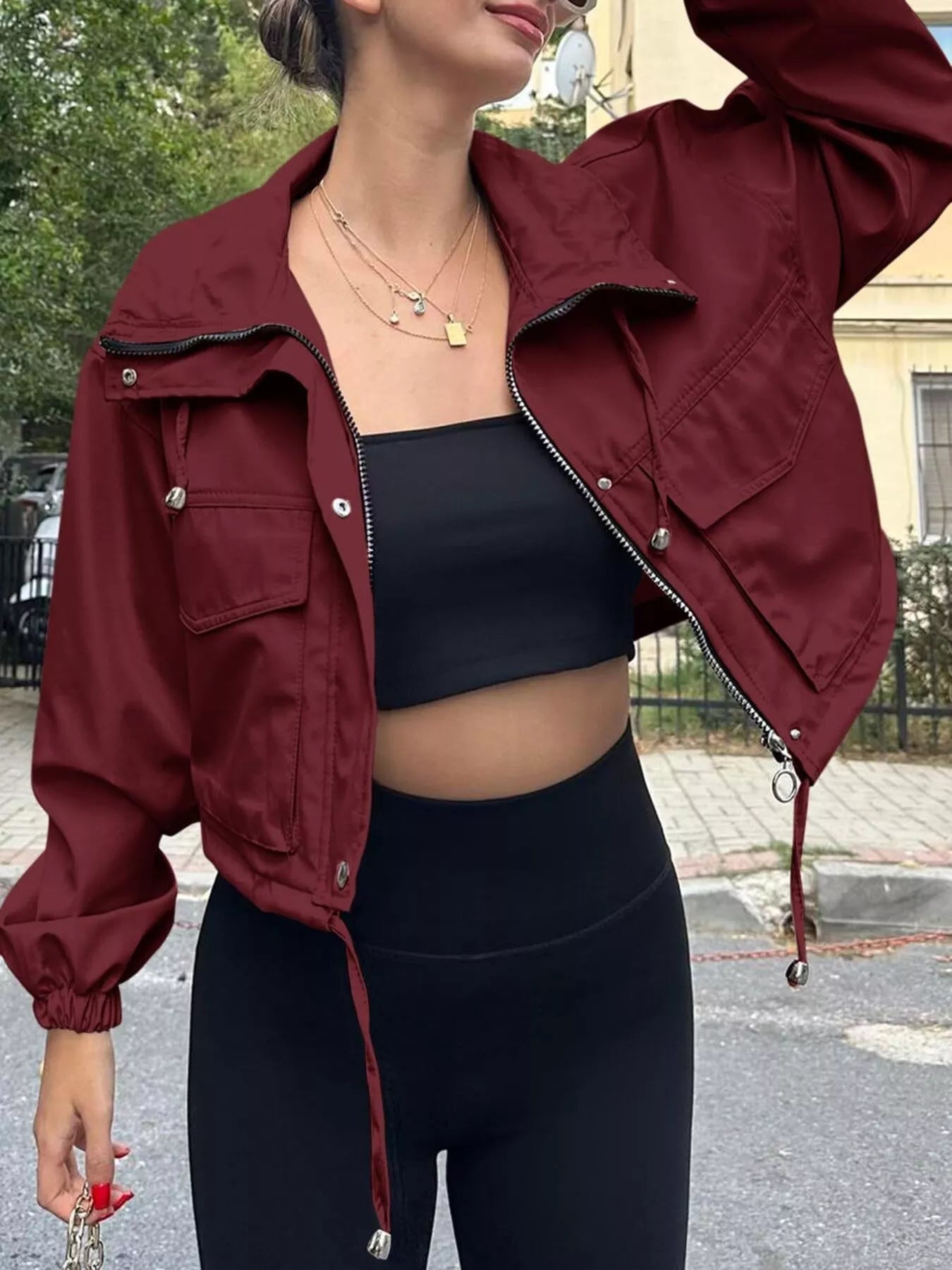 Crop Drawstring Hem Zip Up Jacket