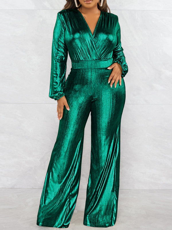 Bodycon High Waisted Elasticity Shiny Solid Color V-Neck Jumpsuits
