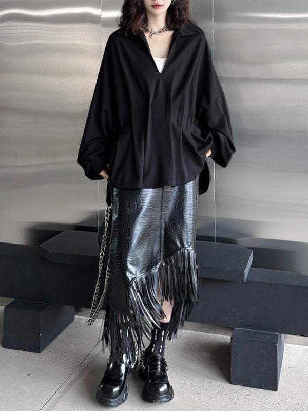 Batwing Sleeves Long Sleeves Pleated Solid Color Deep V-Neck Blouses&Shirts Tops