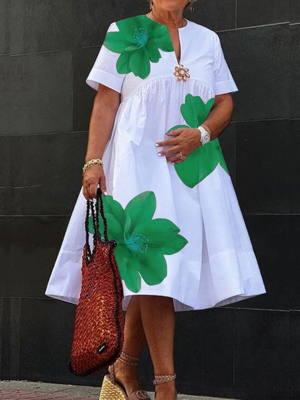 A-Line Loose Flower Print Pleated V-Neck Midi Dresses GREEN