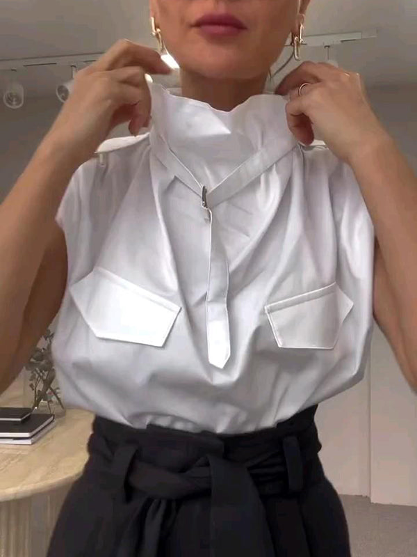 Loose Sleeveless Buckle Solid Color Stand Collar Blouses&Shirts Tops