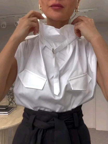 Chemisiers et chemises amples sans manches à col montant et boucle de couleur unie 