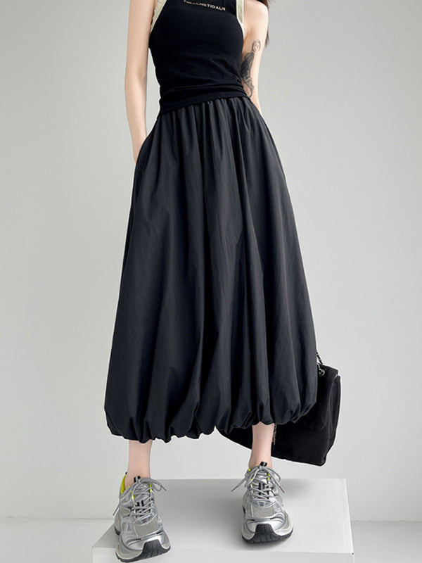 A-Line Loose Elasticity Pleated Pockets Solid Color Skirts Bottoms