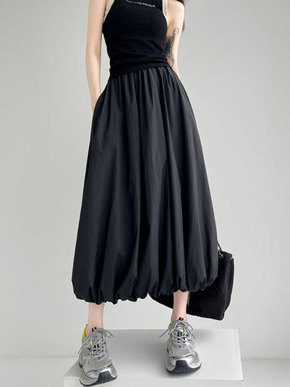 A-Line Loose Elasticity Pleated Pockets Solid Color Skirts Bottoms