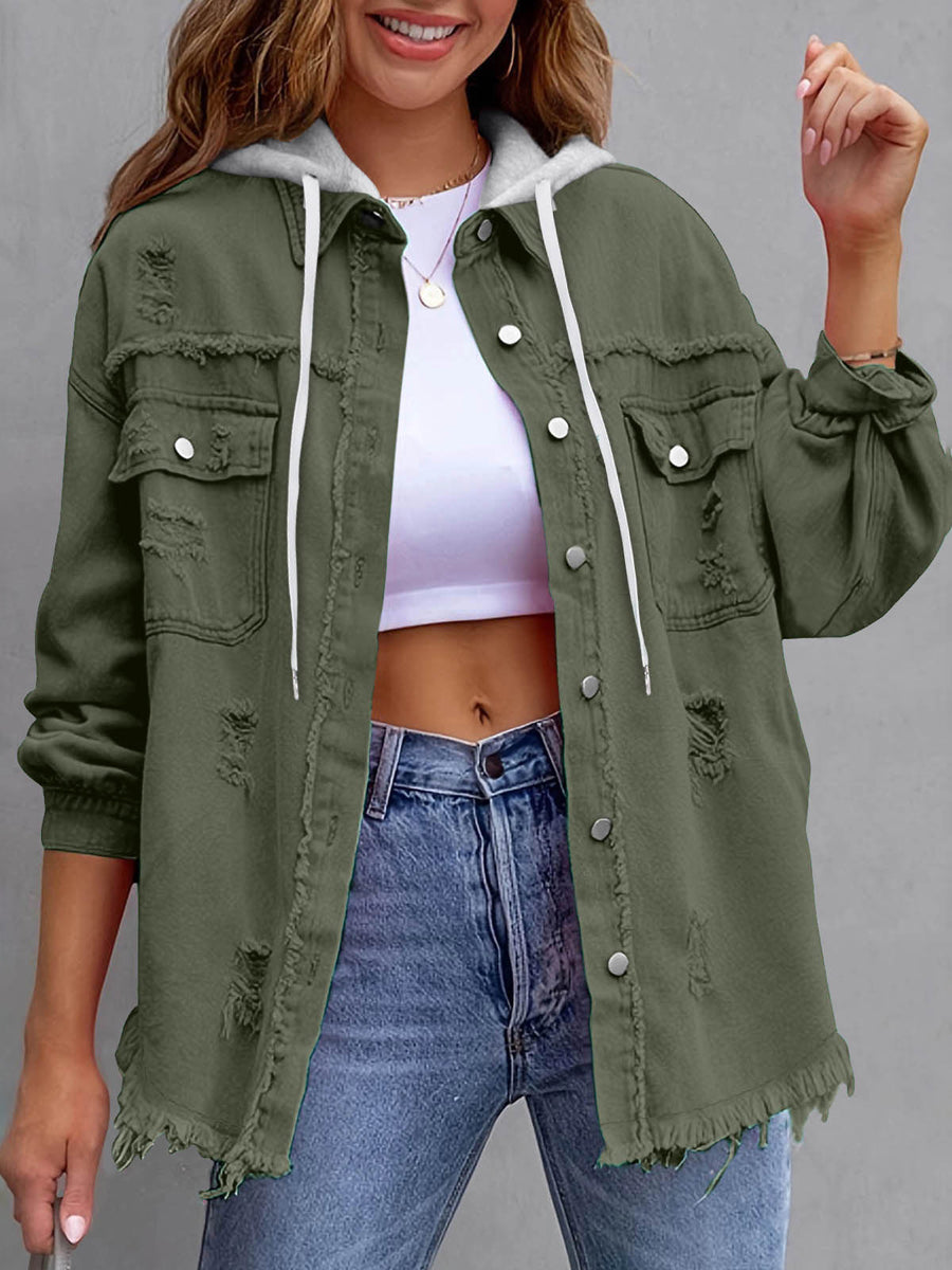 Split-Joint Pockets Fringed Buttoned Loose Long Sleeves Hooded Outerwear