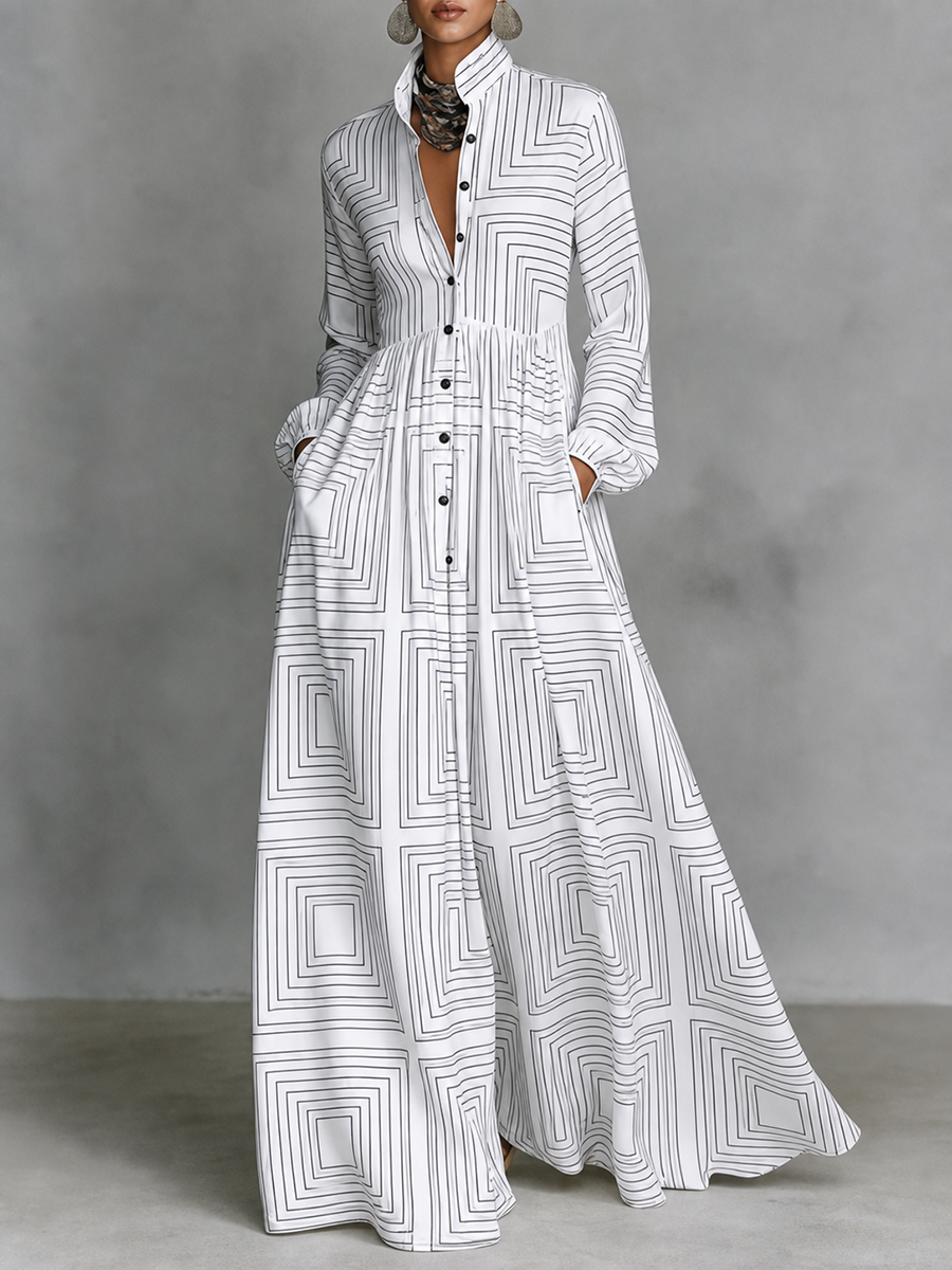 Striped Split-Joint Pockets Pleated Contrast Color Buttoned Plus Size Loose Stand Collar Maxi Dresses
